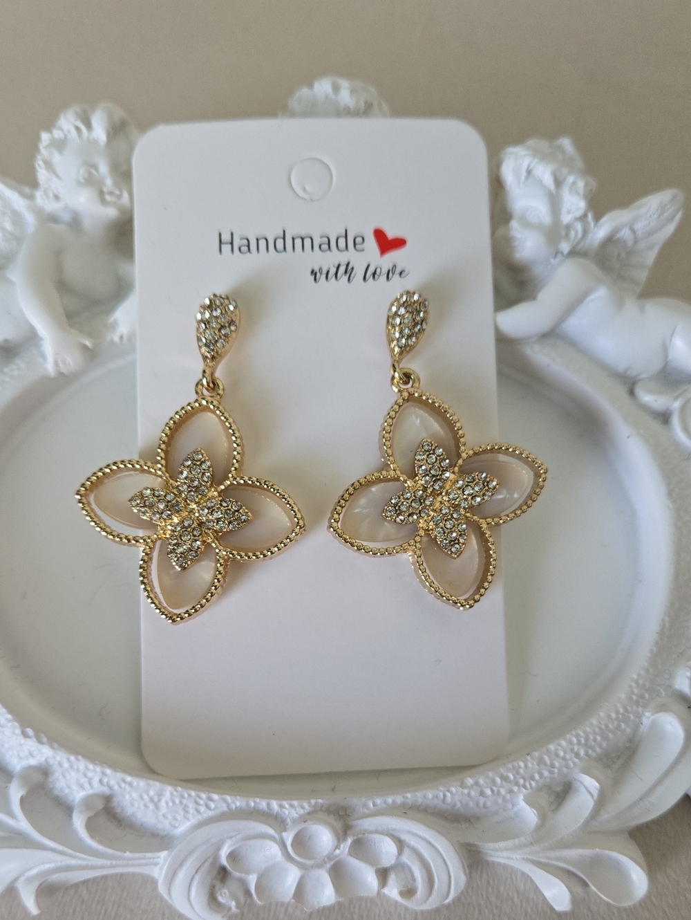 Gold Floral Clover Drop Earrings W/ Crystal Accents, NWT